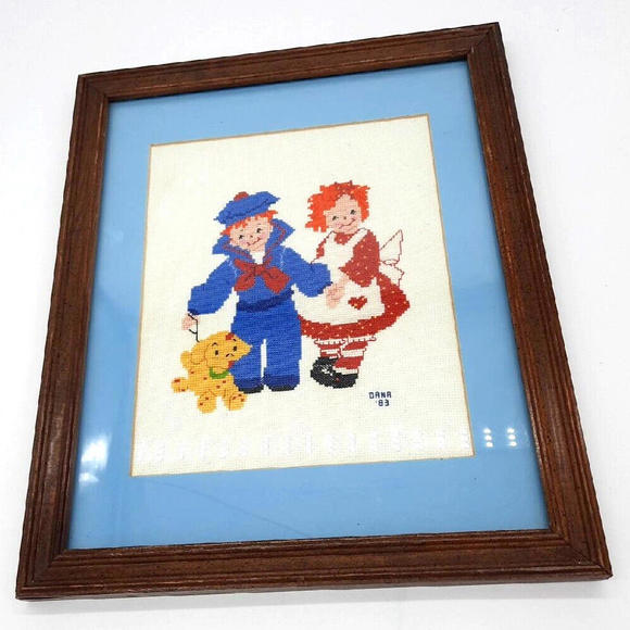 Vtg Raggedy Ann & Andy With Dog Arthur 12X15 Framed 1983 Needlepoint Picture - Picture 4 of 9